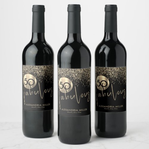 50 and Fabulous Black Gold Birthday Wine Label