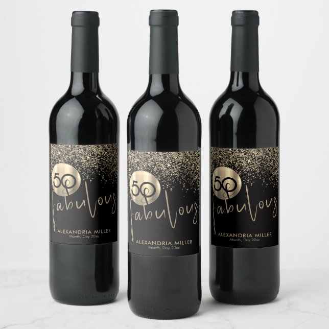50 and Fabulous Black Gold Birthday Wine Label (Bottles)