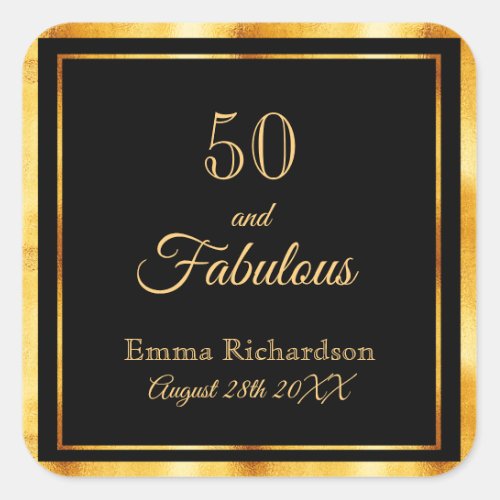 50 and fabulous black gold elegant name square sticker