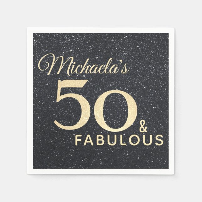 50 and Fabulous Black Gold Fiftieth Birthday Napkins (Front)