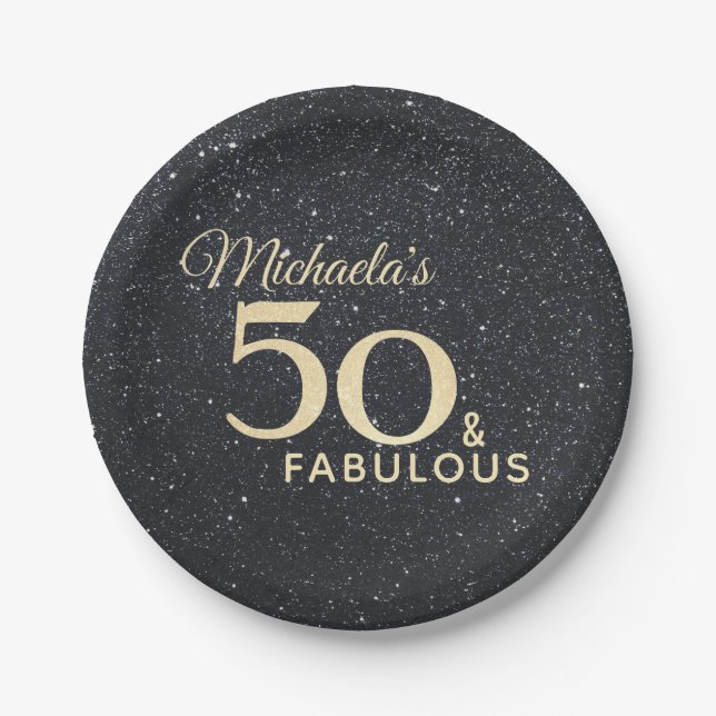 50 and Fabulous Black Gold Fiftieth Birthday Paper Plates (Front)