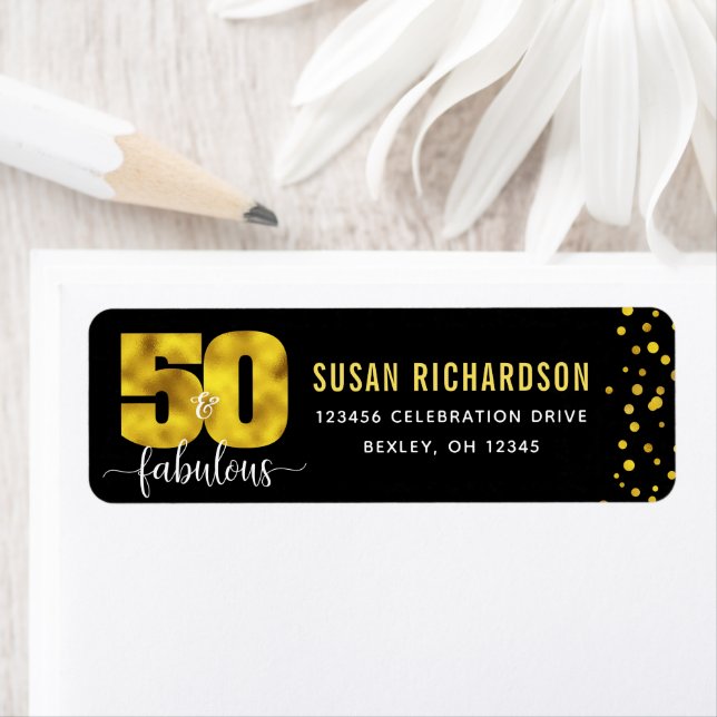 50 and fabulous black gold foil dots girly address label (Insitu)
