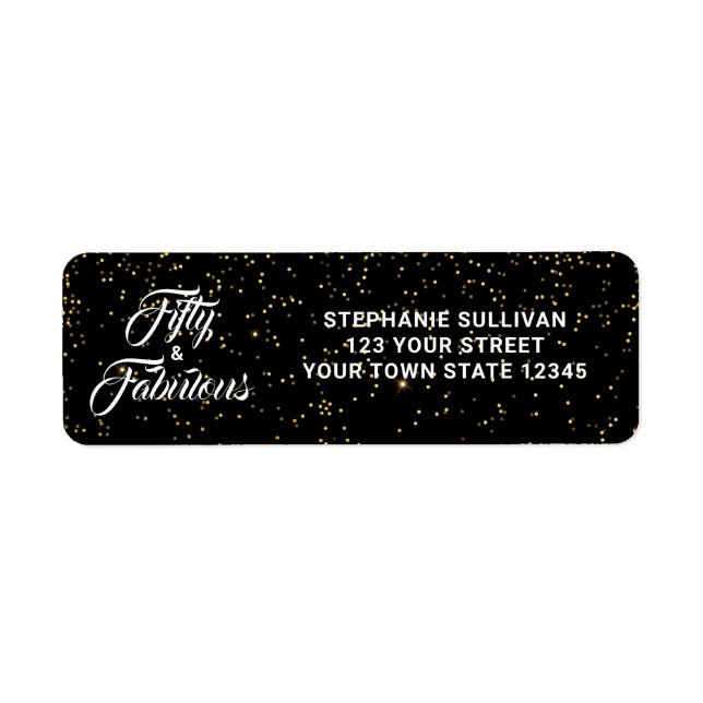 50 and Fabulous Black Gold Glitter Address  Label (Front)