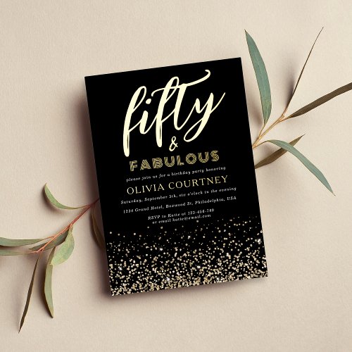 50 and Fabulous Black Gold Glitter Birthday Foil Invitation