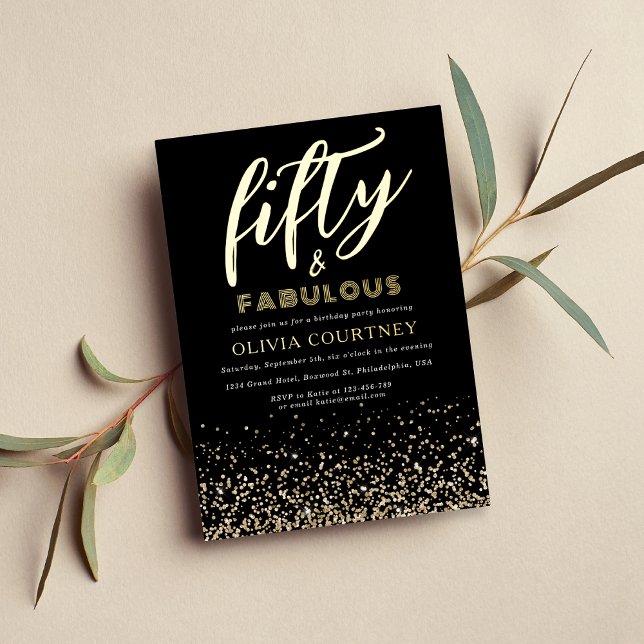 50 and Fabulous Black Gold Glitter Birthday Foil Invitation (Creator Uploaded)