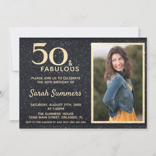 50 and Fabulous Black Gold Glitter Birthday Invitation