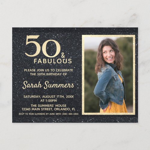 50 and Fabulous Black Gold Glitter Birthday Invitation Postcard