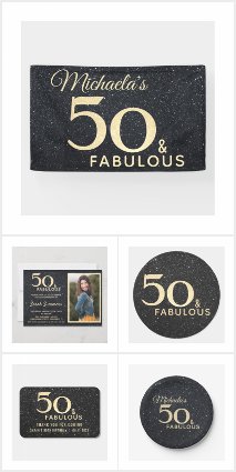 50 and Fabulous Black Gold Glitter Birthday Suite