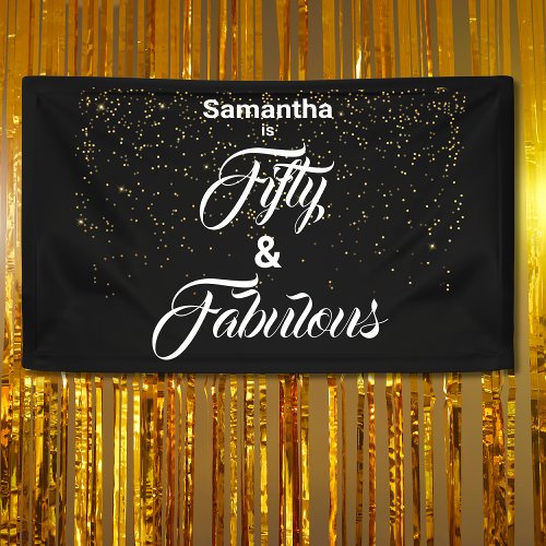 50 and Fabulous Black Gold Glitter Personalized Banner