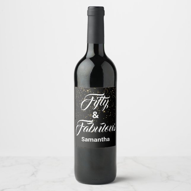 50 and Fabulous Black Gold Glitter Personalized Wine Label (Front)