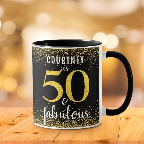 50 and fabulous black gold glitter script name mug