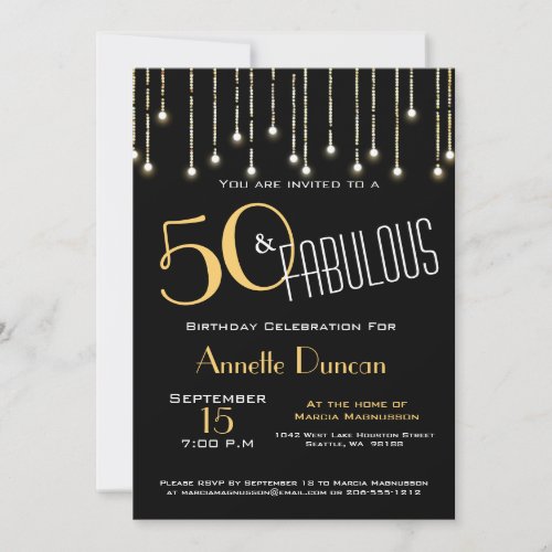 50 and Fabulous Black Gold Lights Glam Invitation