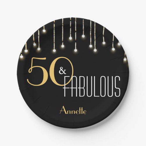 50 and Fabulous Black Gold Lights Glam Paper Plates