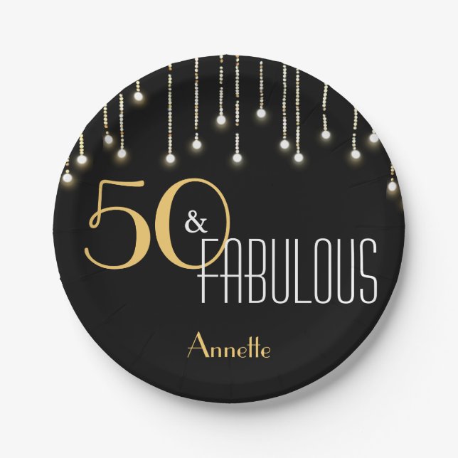50 and Fabulous Black Gold Lights Glam Paper Plates (Front)