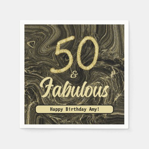 50 And Fabulous Black Gold Marble Swirl Birthday Napkins