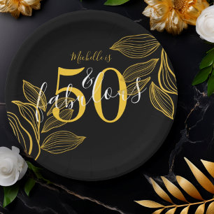 50 and Fabulous Black & Gold Modern Paper Plate