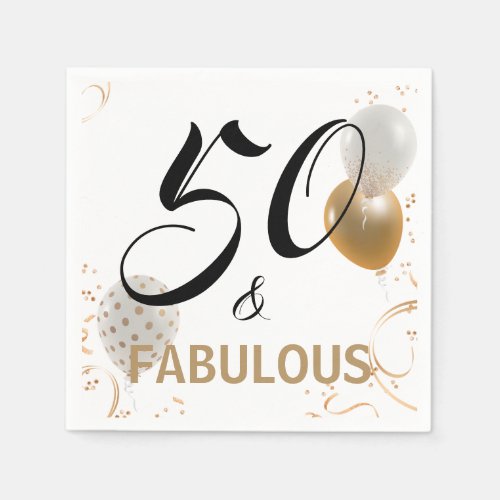50 and Fabulous Black Gold Party Balloons Birthday Napkins