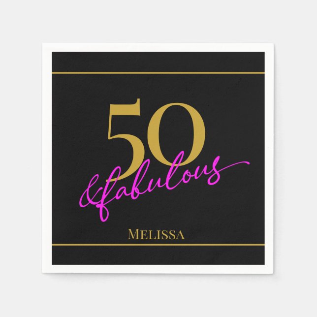 50 and Fabulous Black Gold Pink Customizable Napkins (Front)