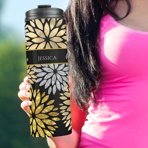 50 and Fabulous Black Gold Silver Dahlia Pattern Thermal Tumbler