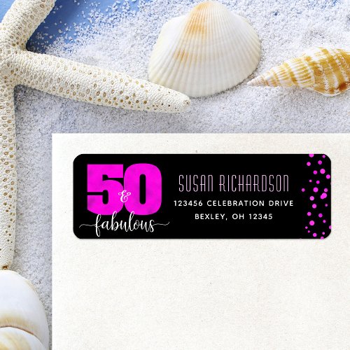 50 and fabulous black hot pink dots return address label