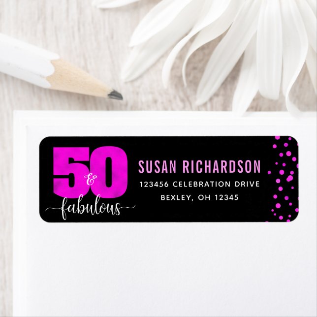 50 and fabulous black hot pink foil dots address label (Insitu)