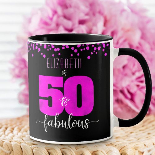 50 and fabulous black hot pink foil dots birthday mug