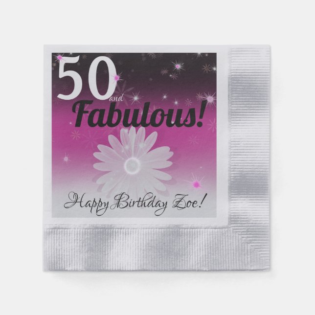 50 and Fabulous black, pink, and white with stars Napkins (Front)