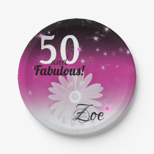 50 and Fabulous black, pink, and white with stars Paper Plates