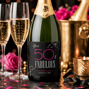 50 and Fabulous Black Pink Glam Sparkle Birthday Sparkling Wine Label