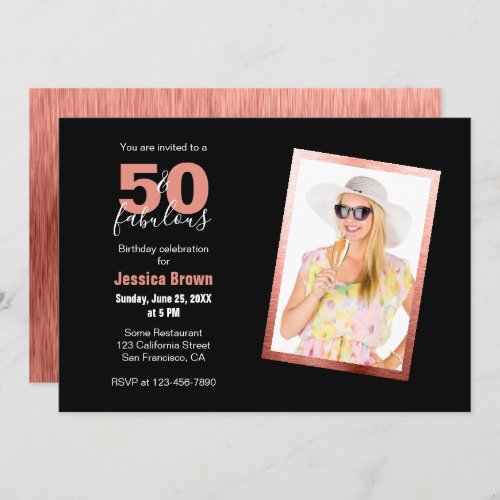 50 and Fabulous Black Rose Gold Pink 50th Birthday Invitation