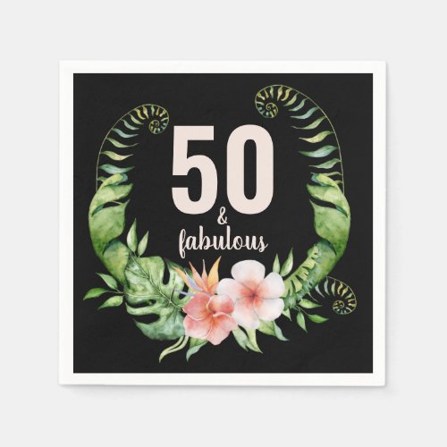 50 and fabulous black script birthday party napkins