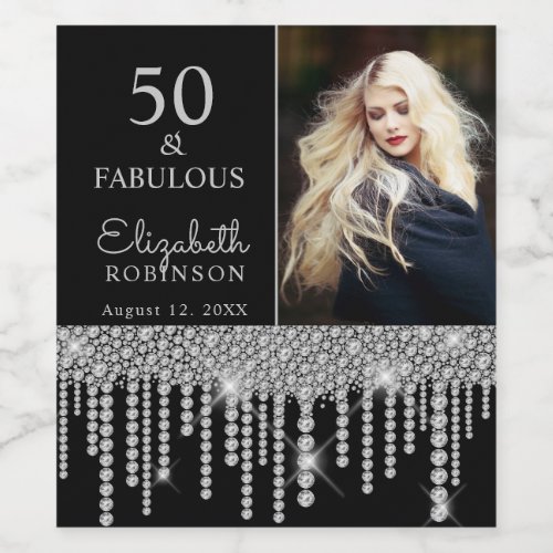 50 and Fabulous Black Silver Birthday Party Wine Label