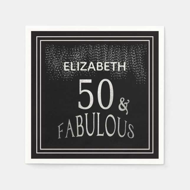 50 and Fabulous Black Silver Glitter Birthday Napkins (Front)