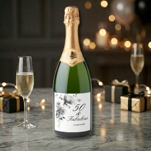 50 and Fabulous Black White Floral 50th Birthday  Sparkling Wine Label