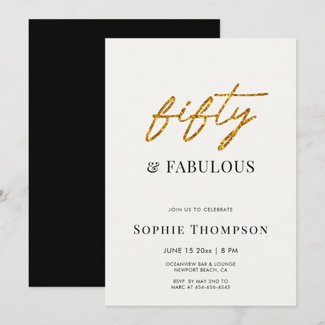 50 and Fabulous Black White Gold Modern Birthday Invitation (Front/Back)