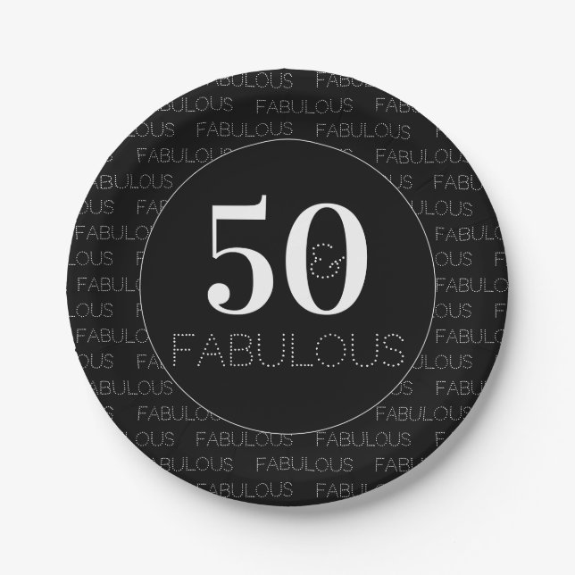 50 and fabulous Black White Modern Birthday Party Paper Plates (Front)