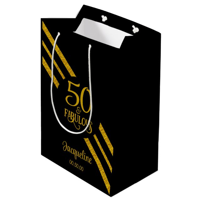 50 and Fabulous Black with faux Gold Medium Gift Bag (Back Angled)