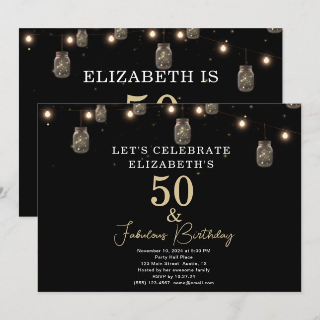 50 and Fabulous Black with String Lights Invitation (Front/Back)