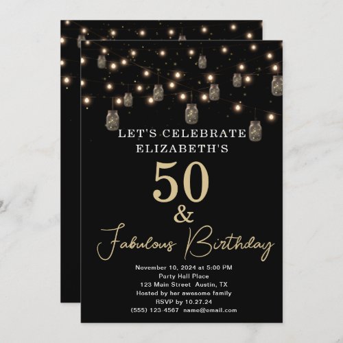 50 and Fabulous Black with String Lights Invitation