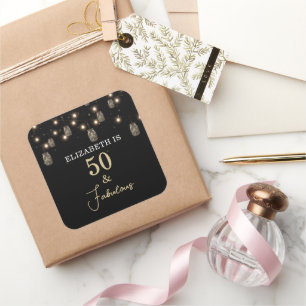 50 and Fabulous Black with String Lights Square Sticker
