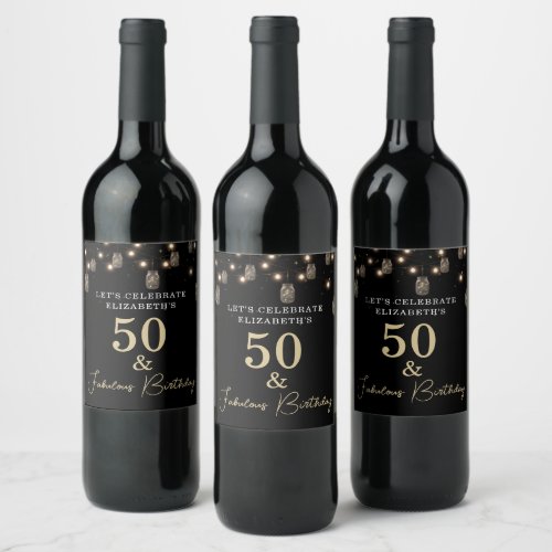 50 and Fabulous Black with String Lights Wine Label