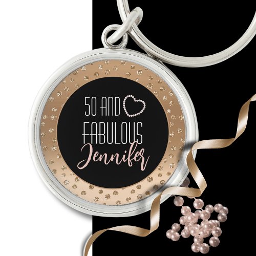 50 and Fabulous Bling Fancy 50th Gold Black Blush  Keychain