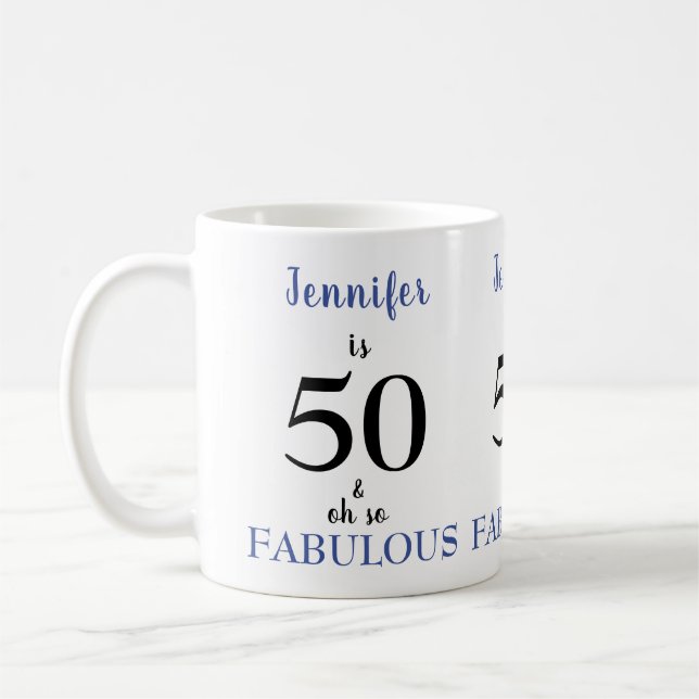 50 and Fabulous Blue and Black Name Coffee Mug (Left)