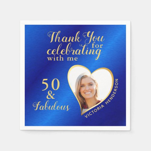 50 and Fabulous Blue and Gold Photo Birthday Napkins