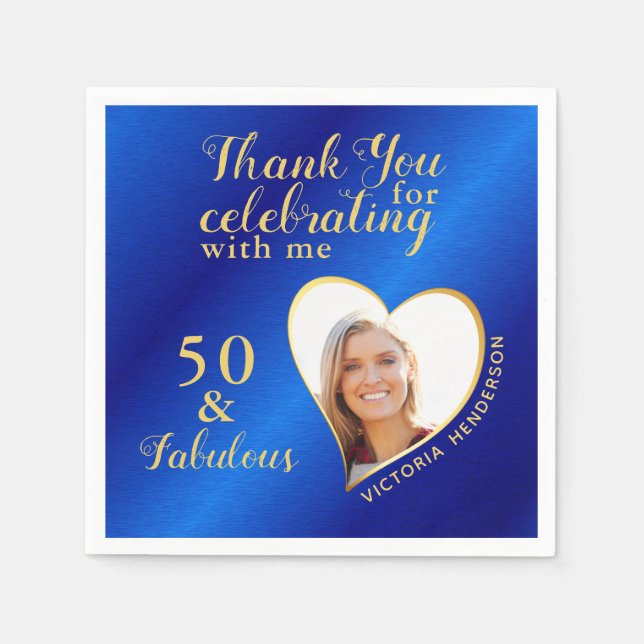 50 and Fabulous Blue and Gold Photo Birthday Napkins (Front)