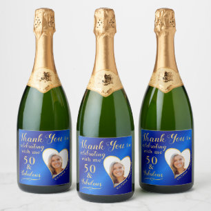 50 and Fabulous Blue and Gold Thank You Birthday Sparkling Wine Label
