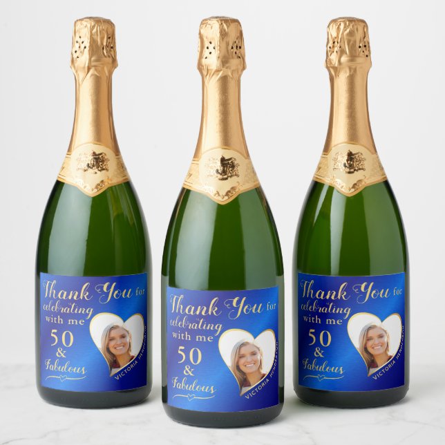 50 and Fabulous Blue and Gold Thank You Birthday Sparkling Wine Label (Bottles)