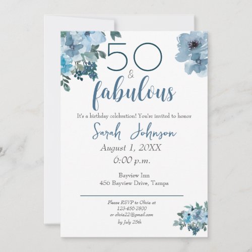 50 and Fabulous Blue Floral Elegant Watercolor  Invitation