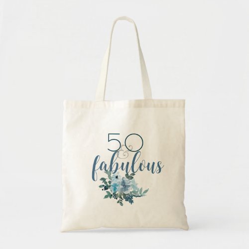 50 and Fabulous Blue Floral Elegant Watercolor Tote Bag