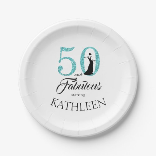 50 and Fabulous Blue Glitter Custom Name Paper Plates